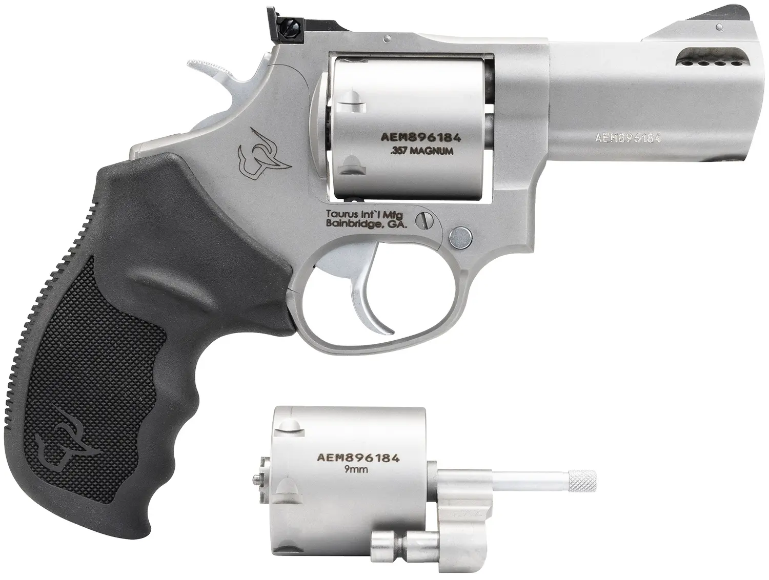 Taurus 2-692039 692 Medium 38 Special +P/357 Mag/9mm Luger 7 Shot 3" Matte Stainless Ported Barrel, Cylinder & Frame, Black Ribber Grip, Transfer Bar Safety, Exposed Hammer, 2 Cylinders