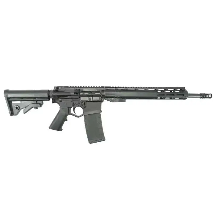 Modern tactical rifle with scope, adjustable stock, and long barrel.