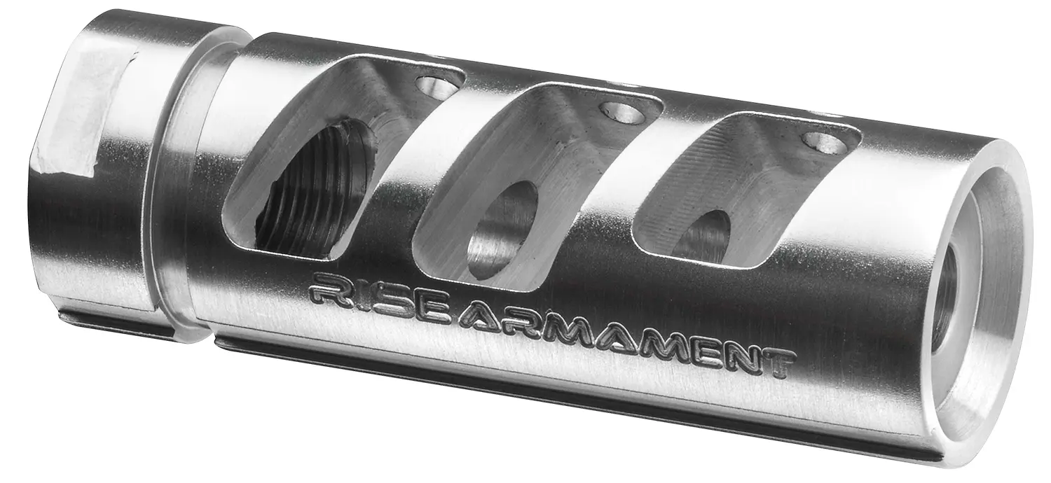 Rise Armament RA701223SLVR RA-701 Compensator Silver 416R Stainless Steel with 1/2"-28 tpi Threads & 2.50" OAL for 5.56x45mm NATO AR-Platform