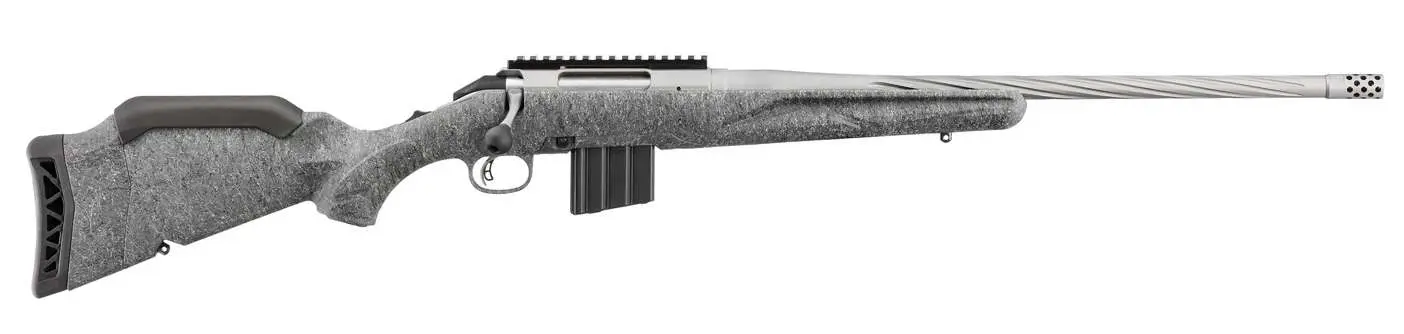 Rifle with scope and synthetic stock for hunting and shooting.
