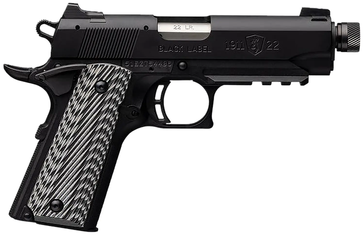 Browning 051821490 1911-22 Black Label Compact SR 22 LR 10+1 4.25" 3.50" Threaded Barrel, Matte Black Serrated Steel Slide & Polymer Frame w/Picatinny Rail & Beavertail, Black/Gray Textured G10 Grips