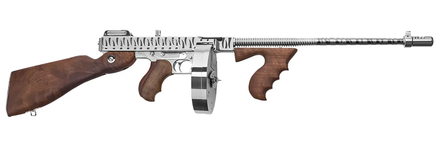 Thompson T150DCRTS 1927A-1 Deluxe 45 ACP Caliber with 16.50" Barrel, 20+1 Capacity (Stick), 50+1 Capacity (Drum), Hard-Chrome w/Tiger Stripe Metal Finish, American Walnut Stock Wood Grip Right Hand