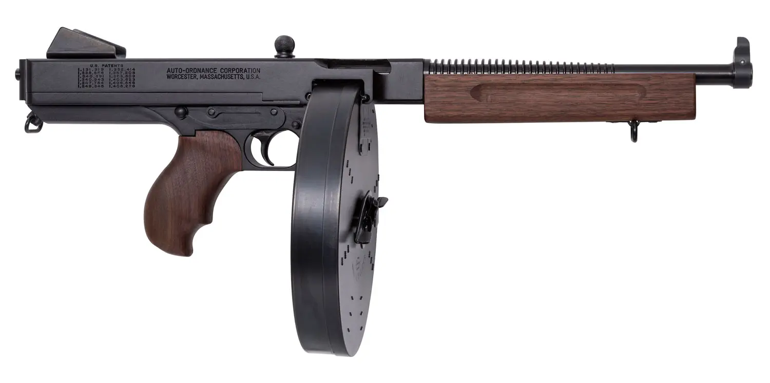 Thompson TA5100D 1927A-1 Lightweight Deluxe 45 ACP Caliber with 10.50" Barrel, 100rd Capacity (Drum), Black Hard Coat Anodized Metal Finish, American Walnut Grip, Right Hand