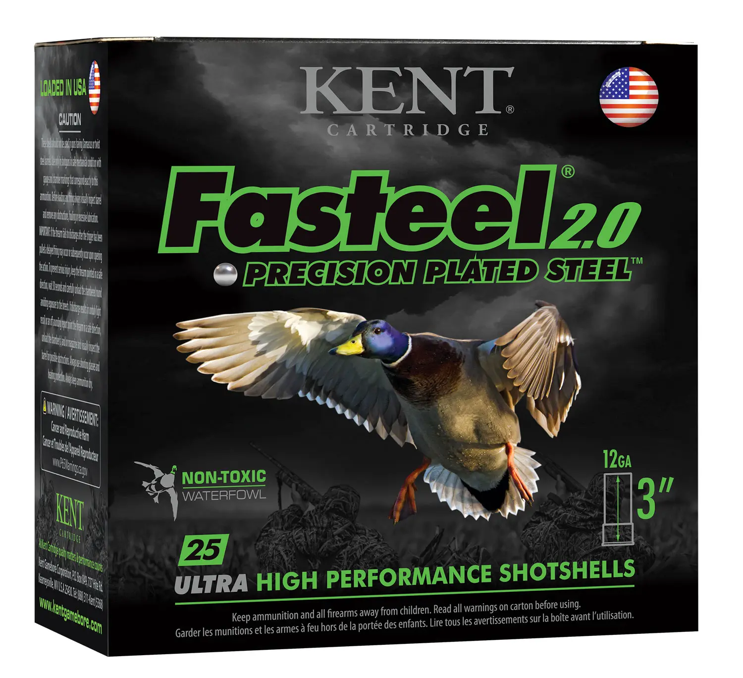 Kent Fasteel 2.0 12GA shotgun shells with duck image, 3-inch, 25 rounds.