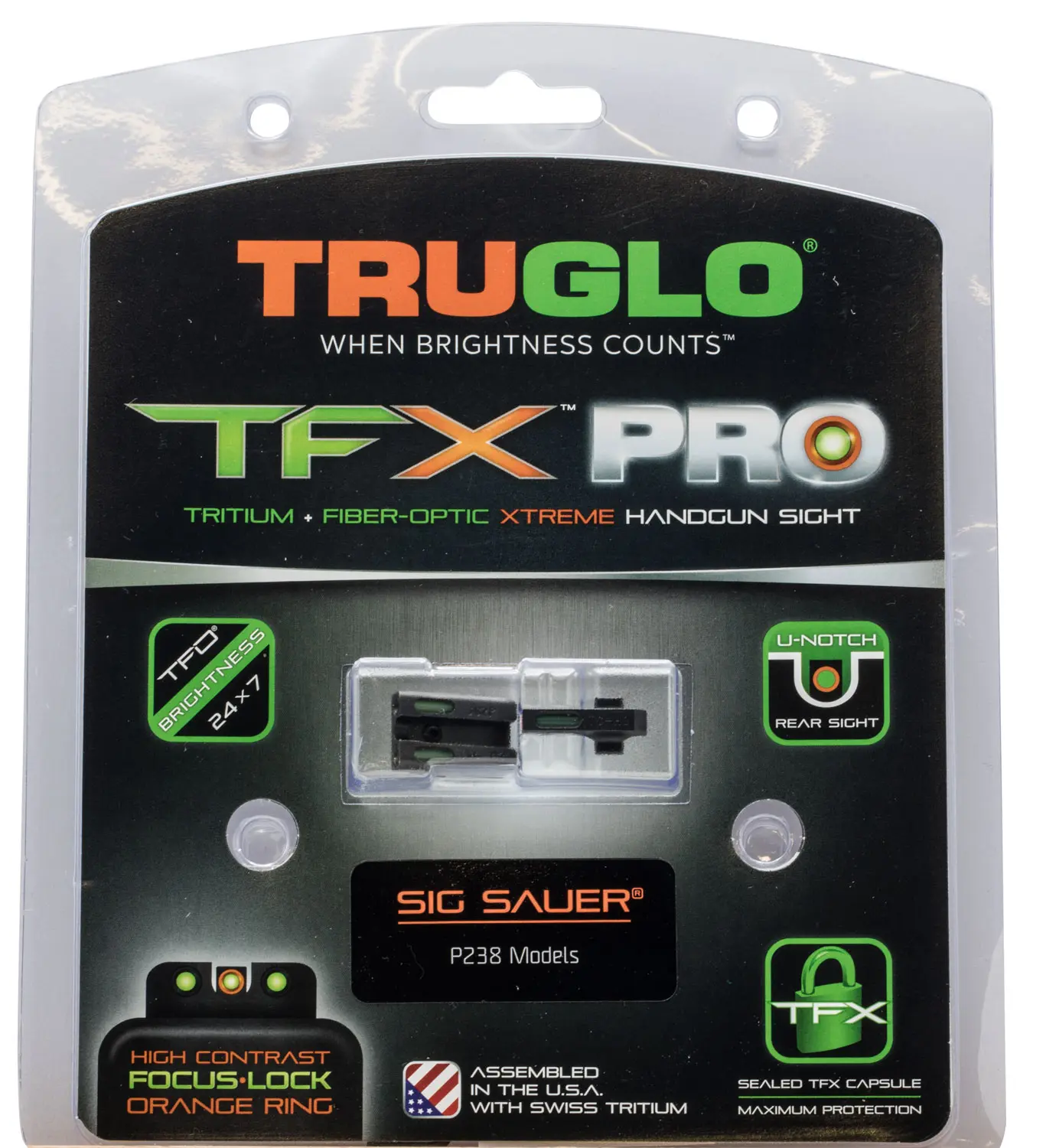 TruGlo TG13SG3PC TFX Pro Black | Green Tritium & Fiber Optic Orange Outline Front Sight Green Tritium & Fiber Optic Rear Sight