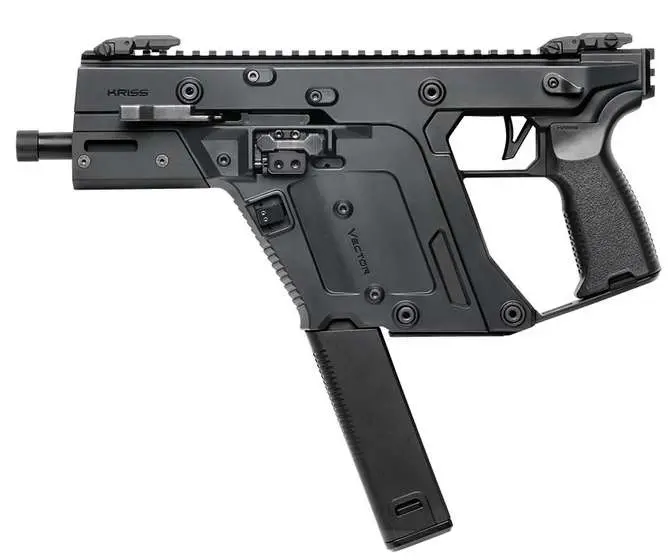 Airsoft pistol with a modern black design, tactical features, and a detachable magazine.