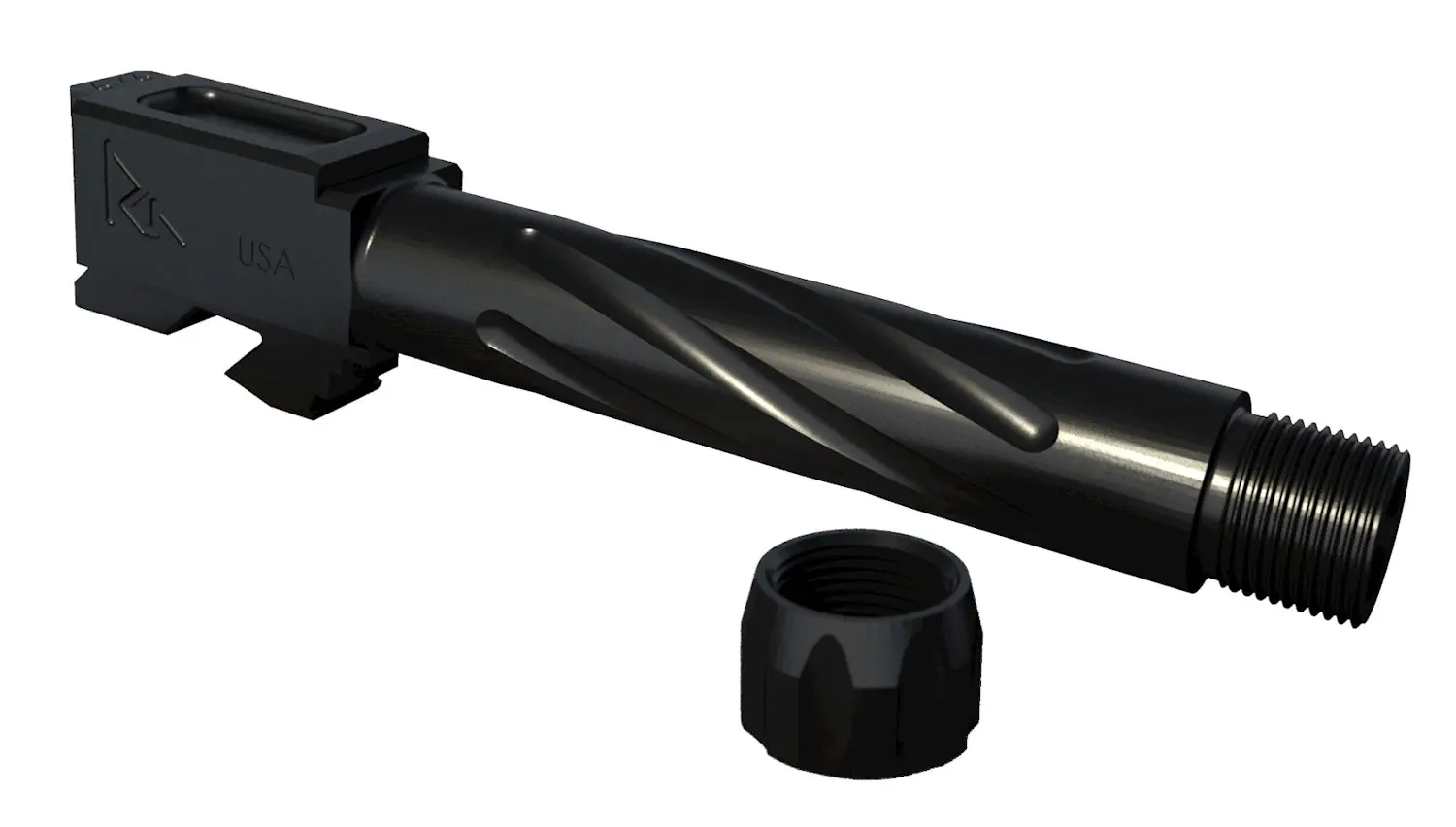 Close-up of a firearm bolt carrier group with a black finish.