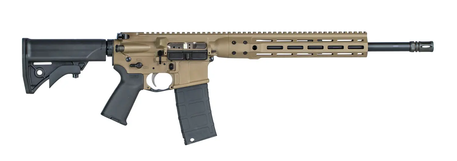 Tactical rifle featuring a tan finish, adjustable stock, and ergonomic grip for precision shooting.