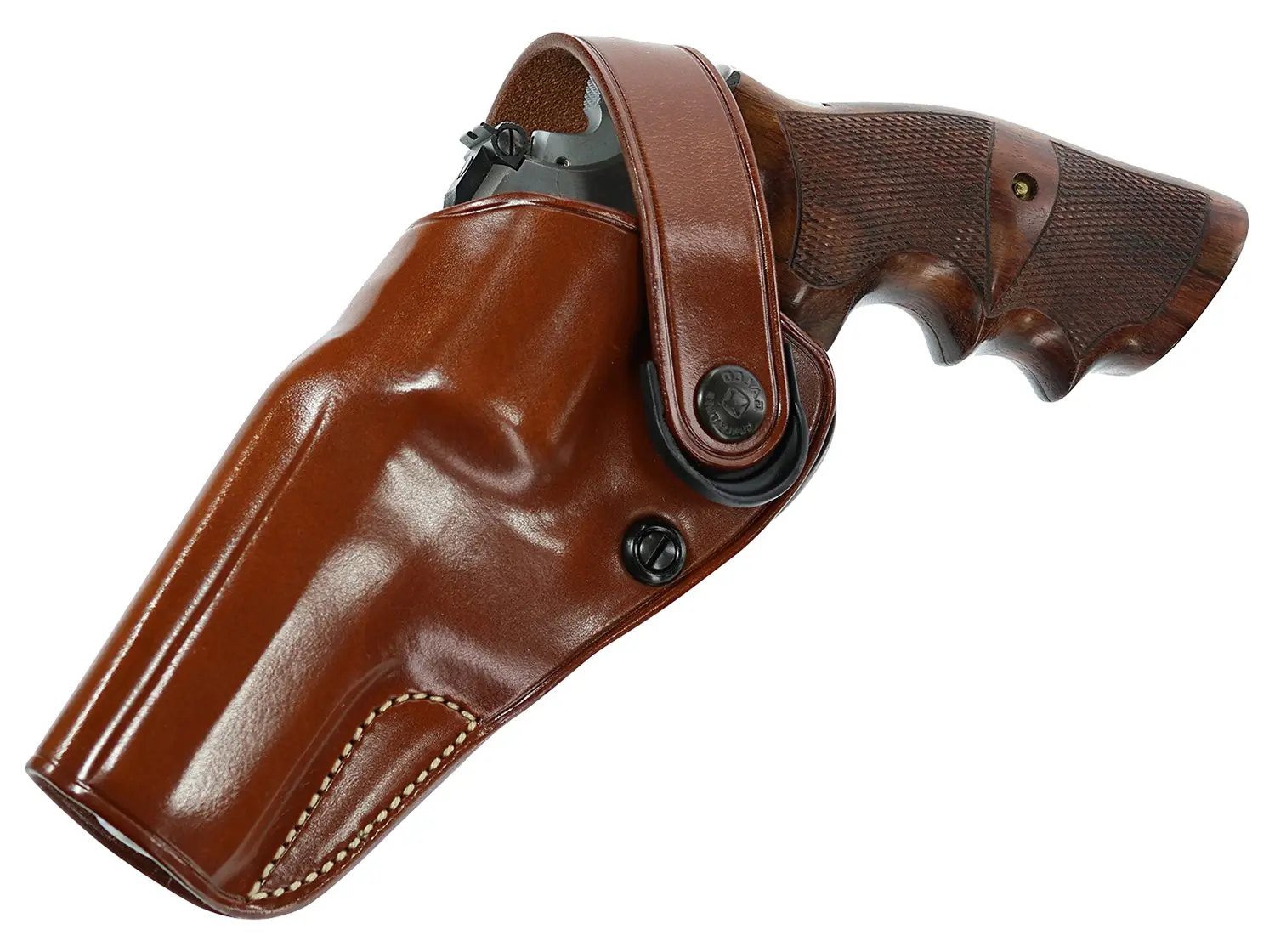 Leather gun holster with revolver for concealed carry or range use.
