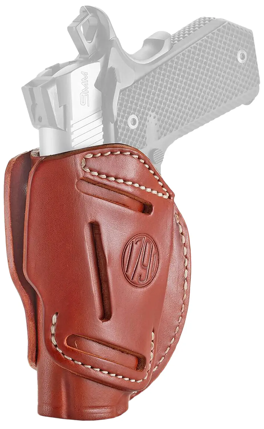 Gun in a brown leather holster with stitching detail.