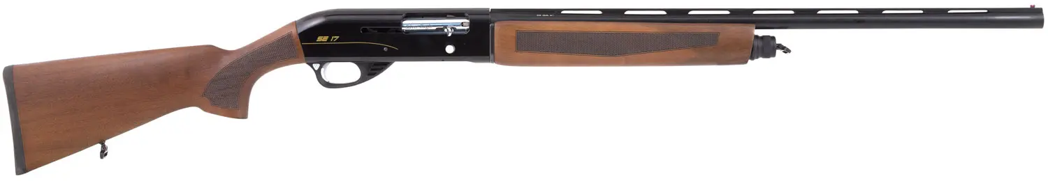 Rifle with wooden stock and black barrel for hunting and shooting.