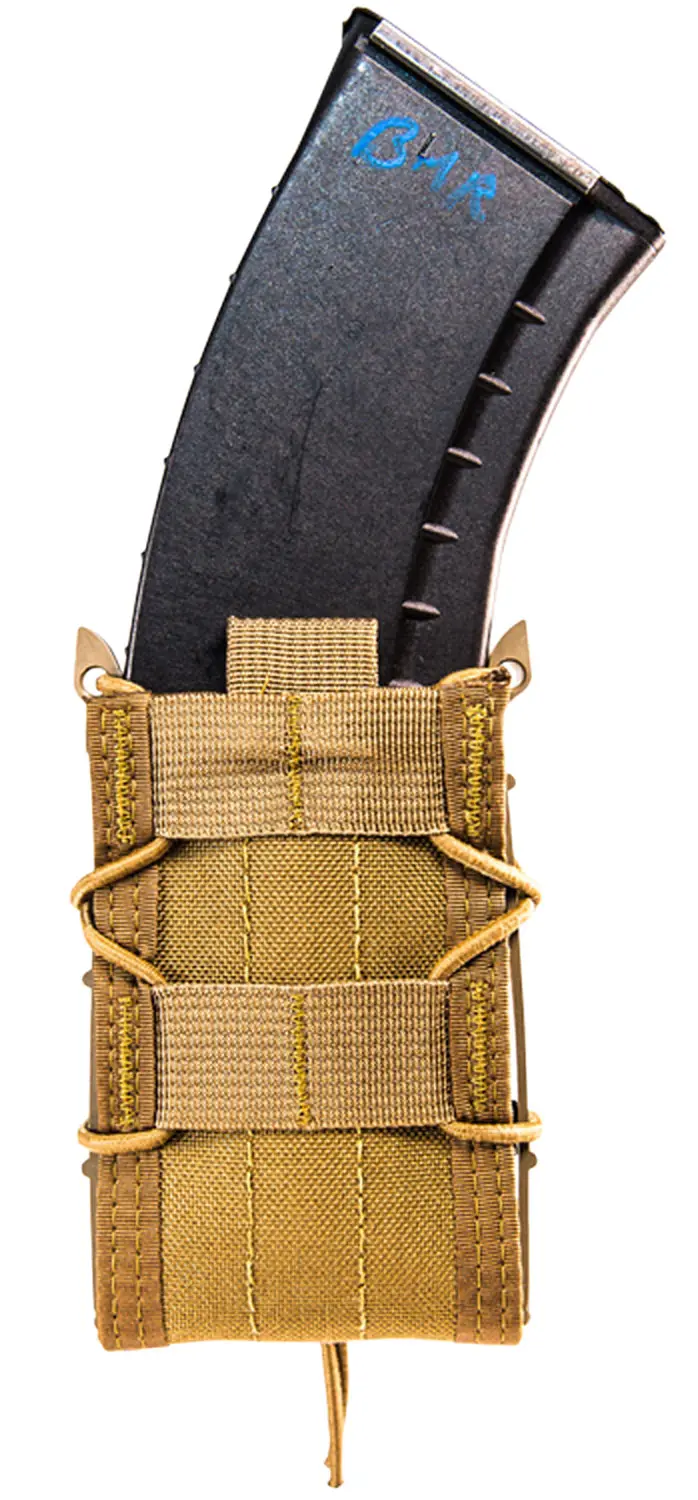 Tactical magazine pouch with a curved design and durable material.
