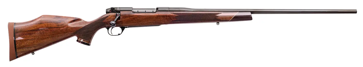 Bolt-action rifle with wooden stock and long barrel, ideal for hunting and precision shooting.