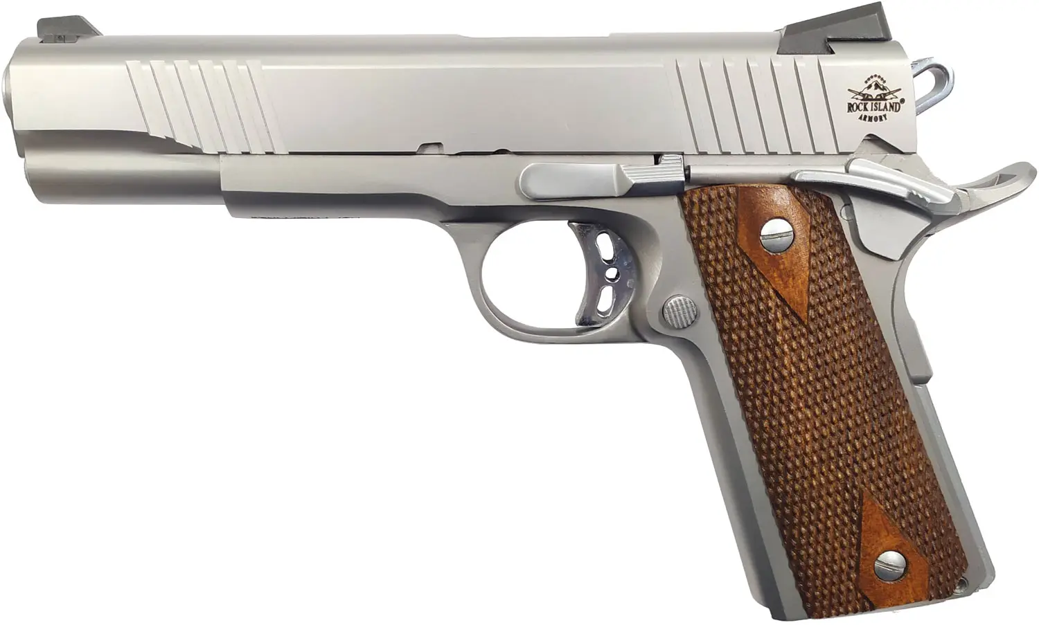 Rock Island 51414 Rock Standard FS *CA Compliant 45 ACP Caliber with 5" Barrel, 8+1 Capacity, Overall Matte Stainless Steel Finish, Beavertail Frame, Serrated Slide & Double Checkered Wood Grip