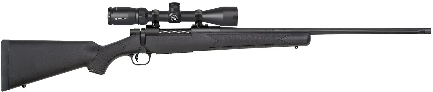 Rifle with scope and black synthetic stock, ideal for hunting and target shooting.