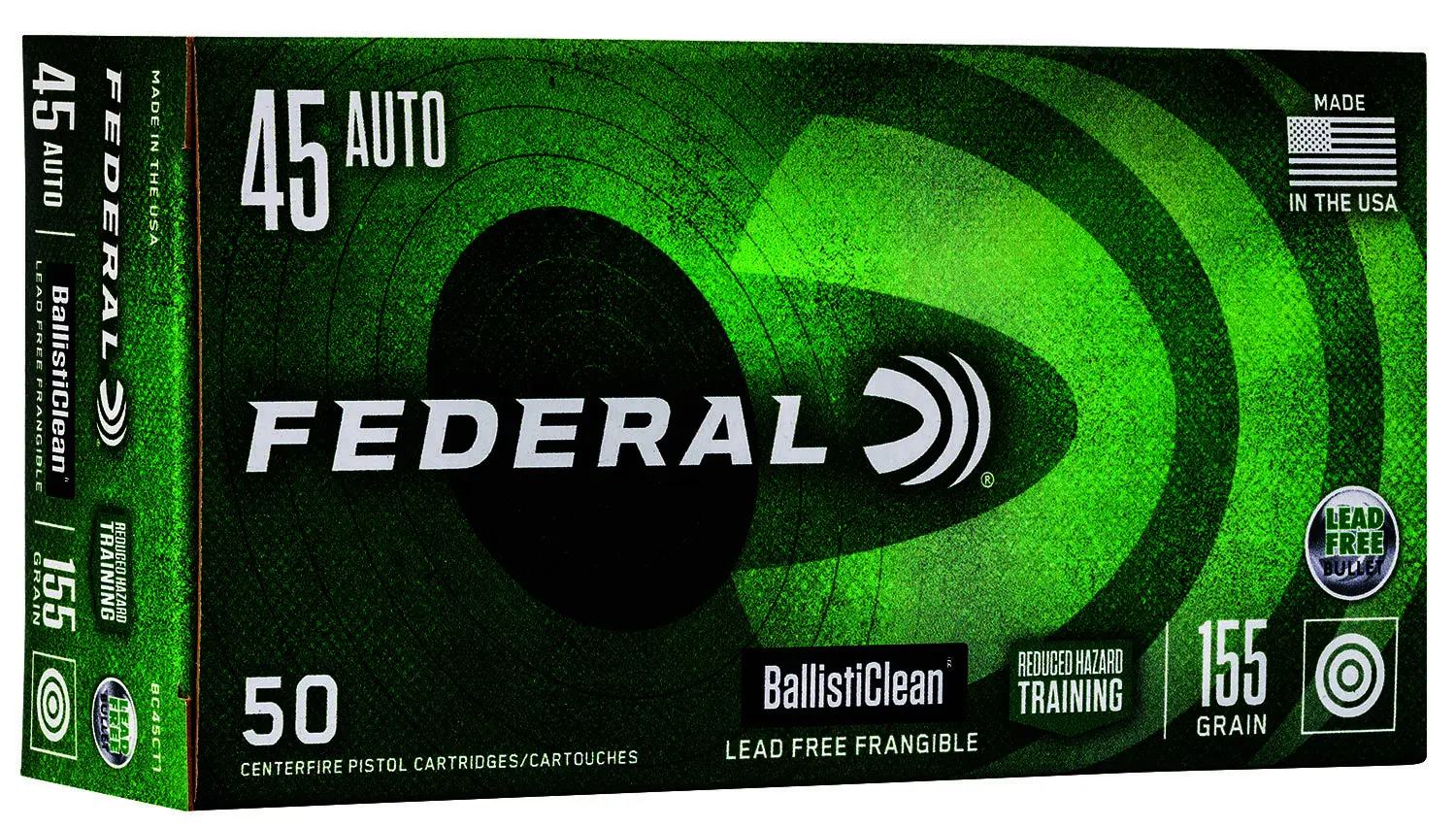 Federal BC45CT1 BallistiClean Reduced Hazard Training 45ACP 155gr Lead Free Frangible 50 Per Box/20 Case