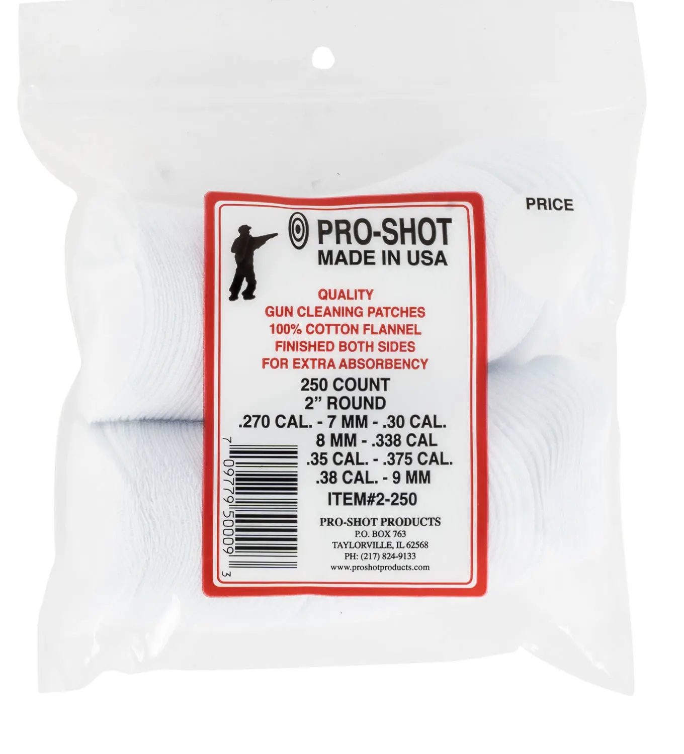 Pro-Shot 2250 Cleaning Patches .270 - .38 Cal 2" Round Cotton Flannel 250 Pack