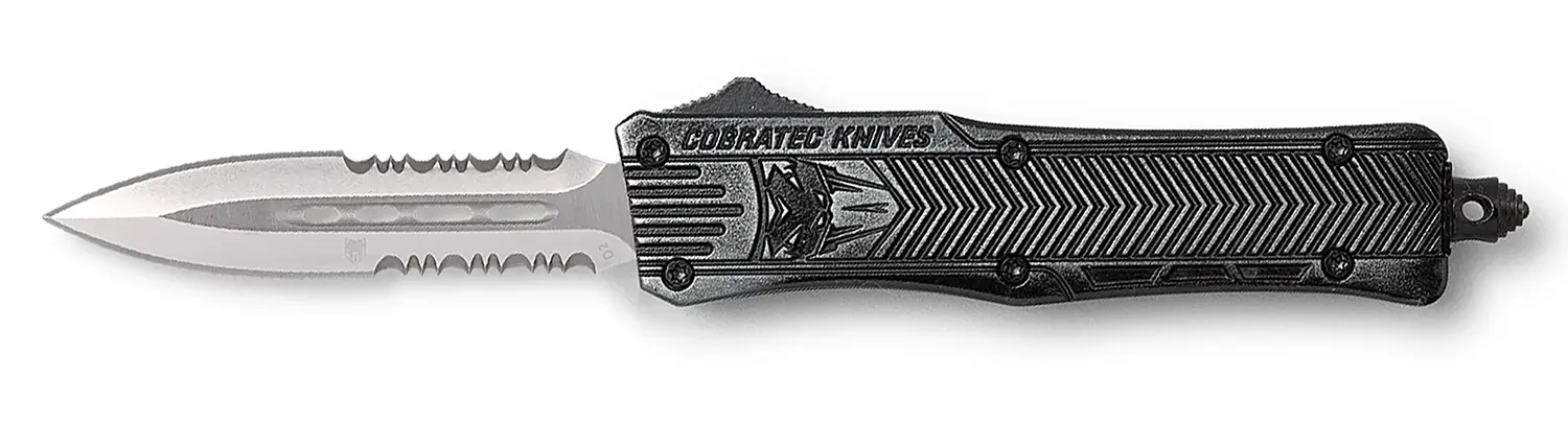 CobraTec Knives SSWCTK1SDAG2SS CTK-1 2.75" OTF Part Serrated D2 Steel Blade/Stonewashed Aluminum Handle Features Glass Breaker Includes Pocket Clip