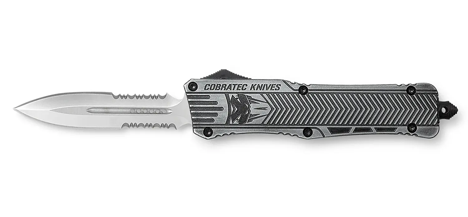 CobraTec Knives LSWCTK1LDG2SS CTK-1 Large 3.75" OTF Dagger Part Serrated D2 Steel Blade/ Stonewashed Aluminum Handle Features Glass Breaker Includes Pocket Clip