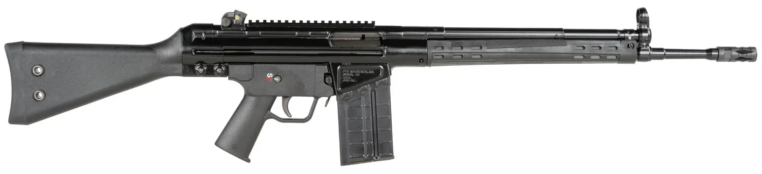 Semi-automatic rifle with adjustable stock and rail system.