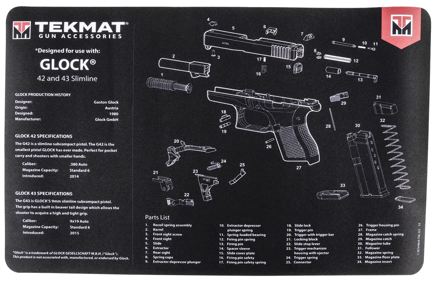 TekMat TEKR17GLOCK4243 Glock 42/43 Cleaning Mat Black/White Rubber 11"x17" Glock 42/43 Parts Diagram