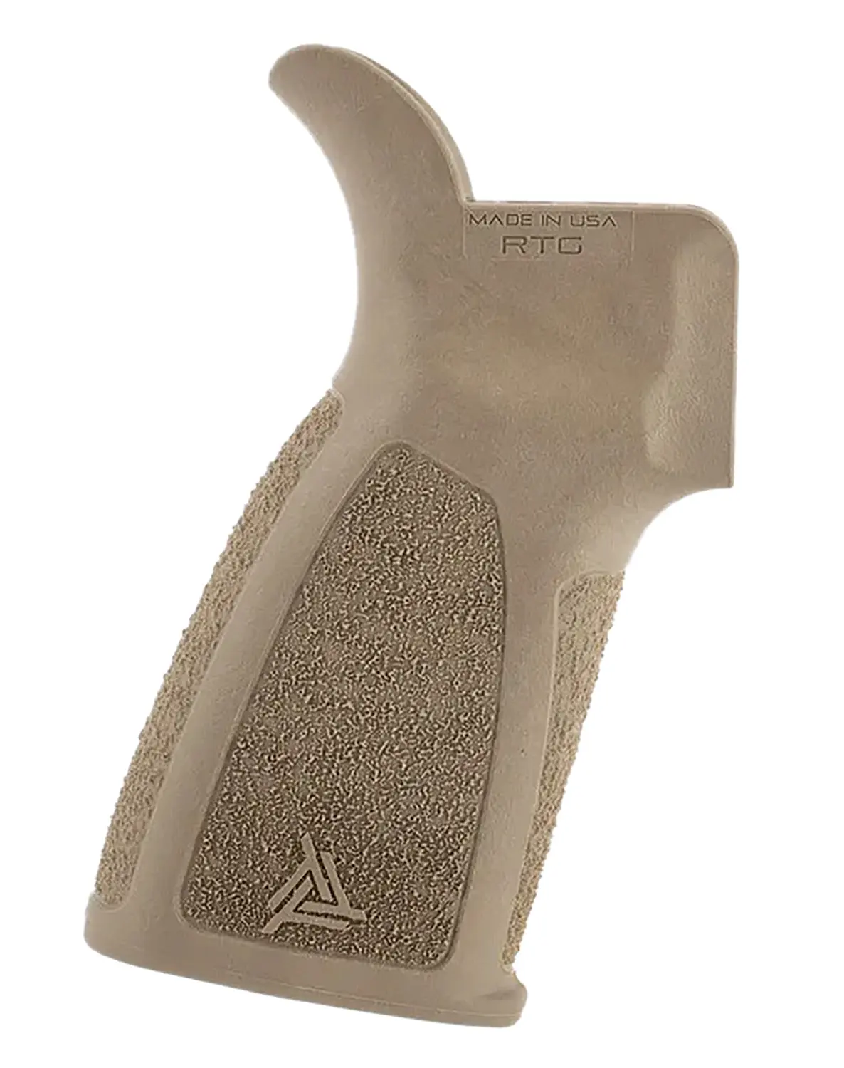 Tactical firearm grip in tan color for improved handling and control.