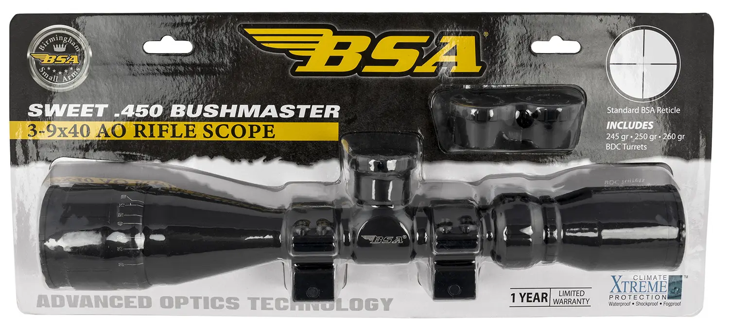 BSA 45039X40AOWRTB Sweet 450 Bushmaster Matte Black 3-9x40mm AO 1" Tube 30/30 Reticle Features Weaver Rings