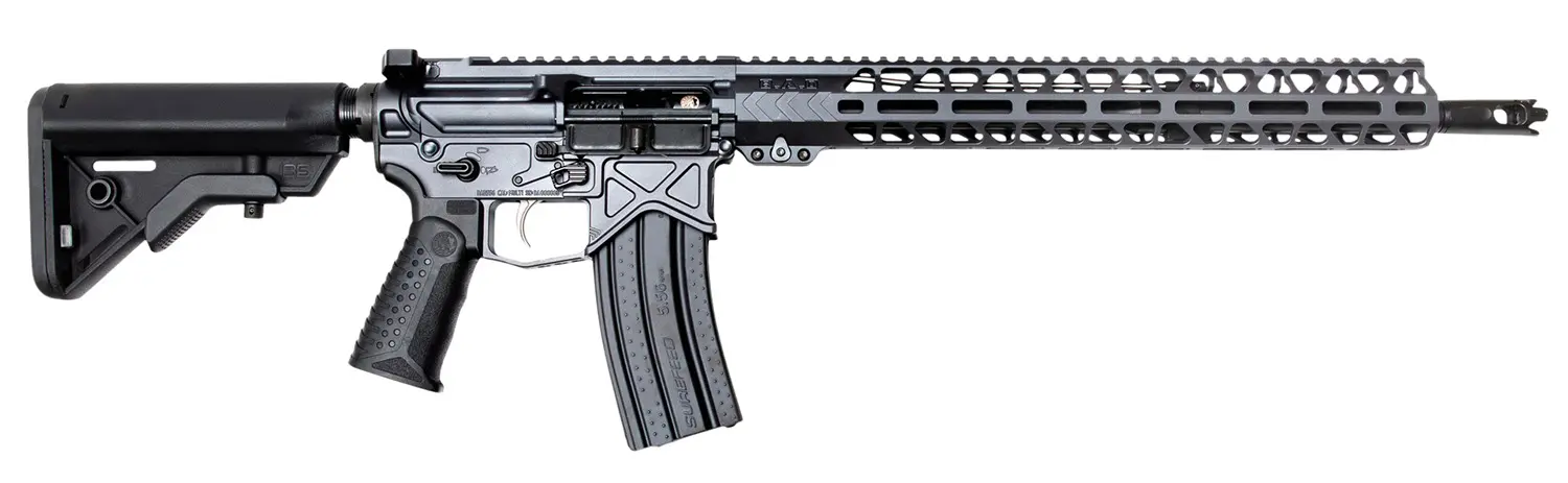 AR-15 style semi-automatic rifle with adjustable stock and tactical handguard.
