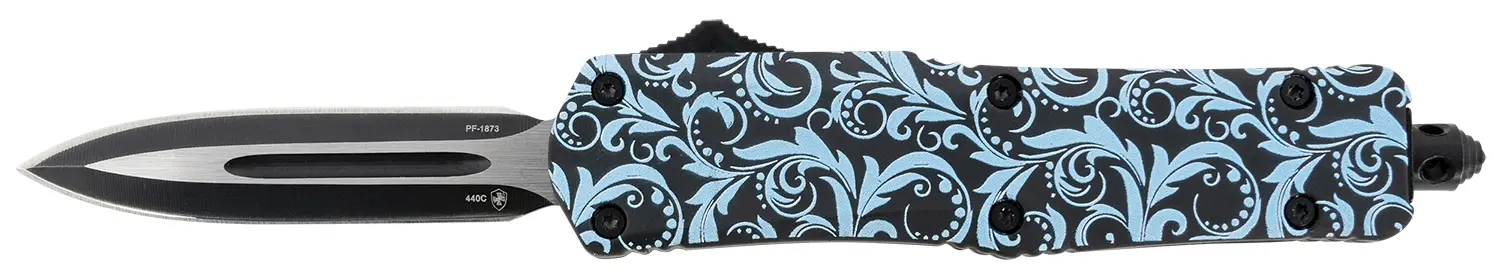 Folding knife with black blade and decorative blue floral handle.