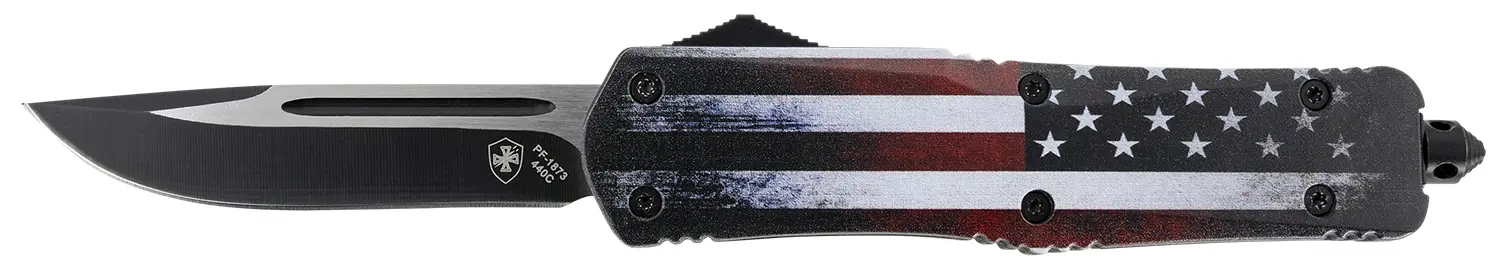 Templar Knife LUS331 Gen II US Flag Large 3.50" OTF Drop Point Plain Black Oxide Stonewashed 440C SS Blade, 5.25" US Flag Aluminum Handle, Glass Breaker