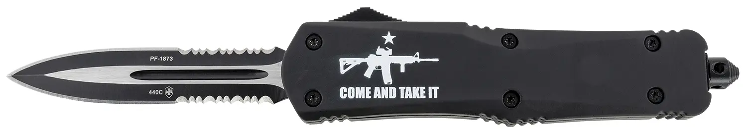 Close-up of a black tactical folding knife with a partially serrated blade.