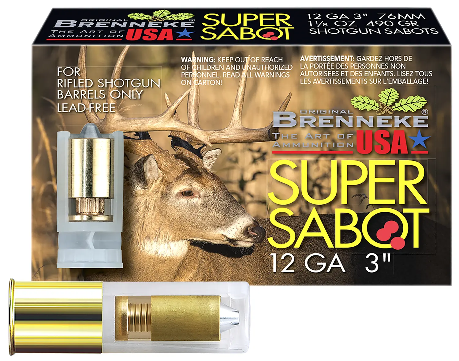 Super Sabot 12 gauge shotgun sabot with deer image, lead-free, for rifled barrels.