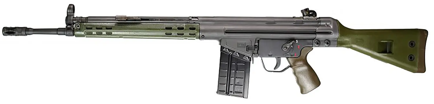 Tactical rifle with green stock, scope mount, and magazine for firearm enthusiasts.