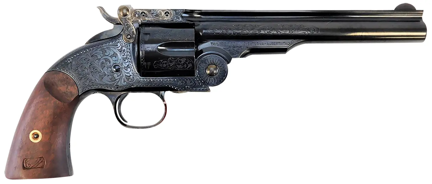 Taylors & Company 550644 Top Break Schofield 45 Colt (LC) 6rd 7" Blued Engraved Steel Walnut Grip
