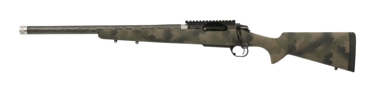 Rifle with camouflage stock and scope for hunting and shooting sports.