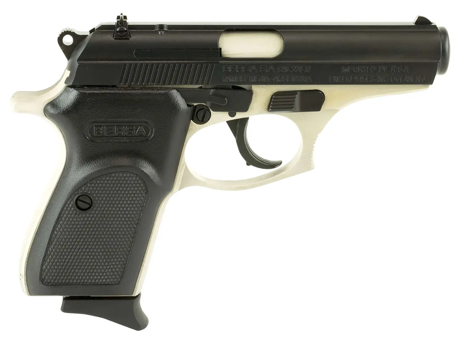 Pistol with black and white finish, semi-automatic design, and textured grip for secure handling.