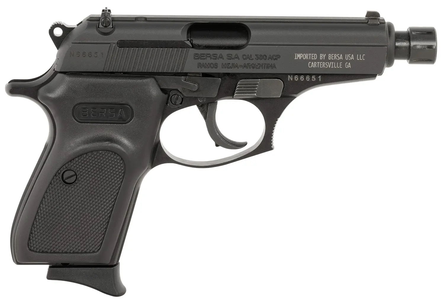 Bersa T380M8X Thunder Micro-Compact Frame 380 ACP 8+1 3.50" Black Steel Threaded Barrel, Matte Black Steel Serrated Slide, Matte Black Aluminum Frame, Black Rubber Grip, Right Hand