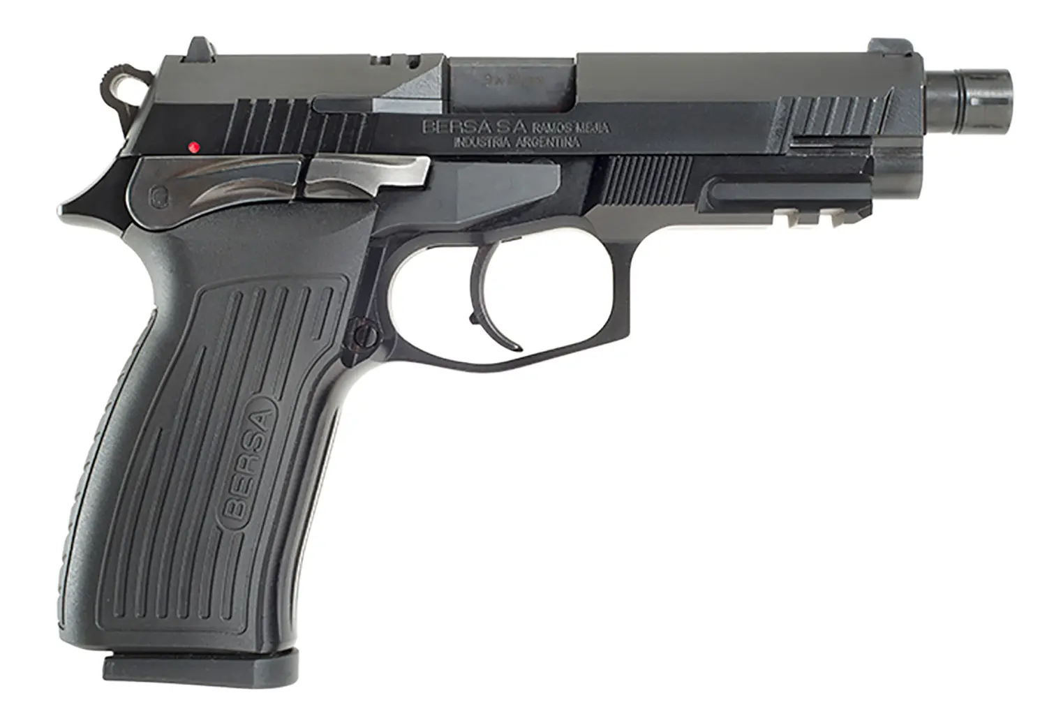 A semi-automatic pistol with a black finish and ergonomic textured grip, suitable for self-defense a.