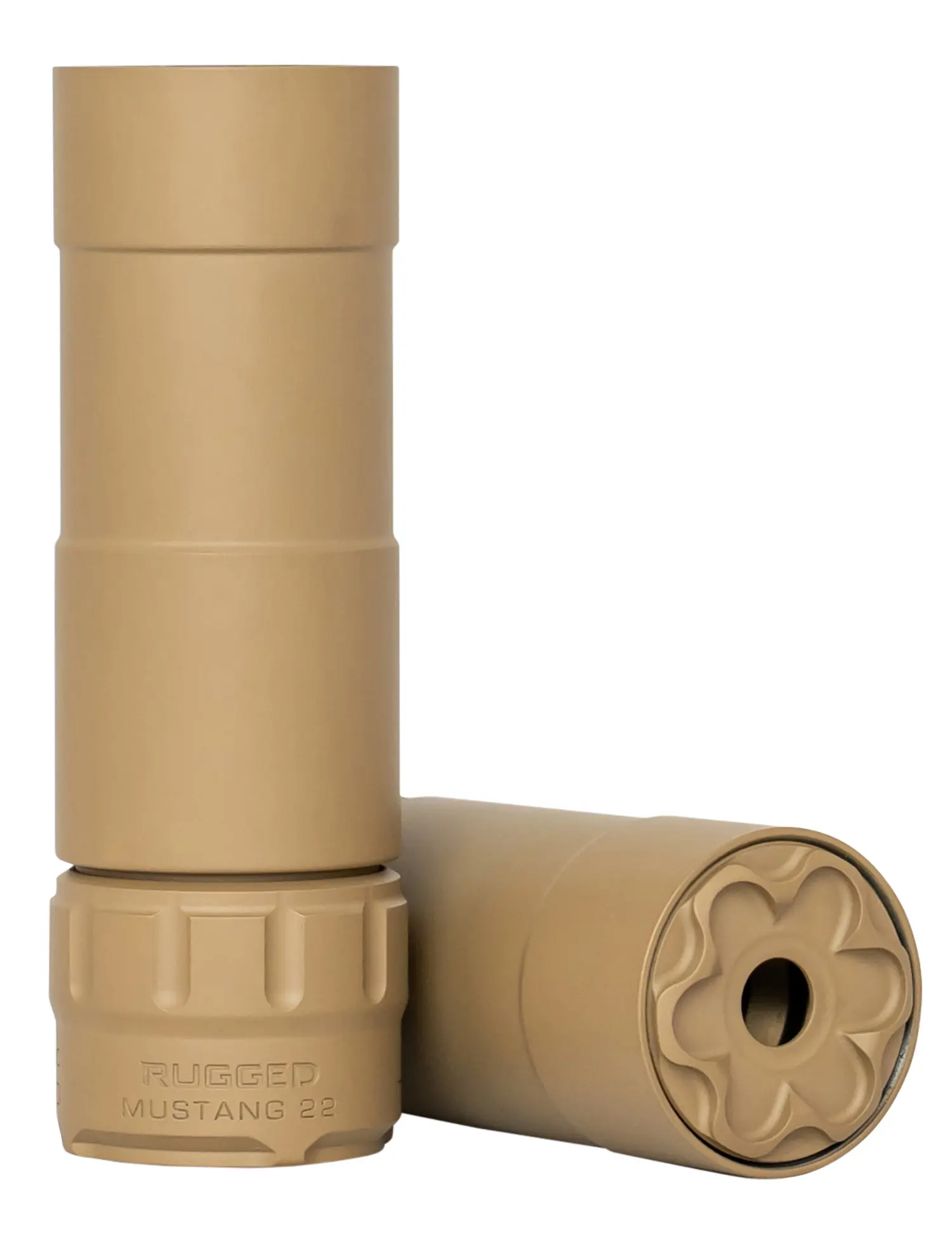 Suppressor for rifles and handguns, beige finish, compact and durable construction.