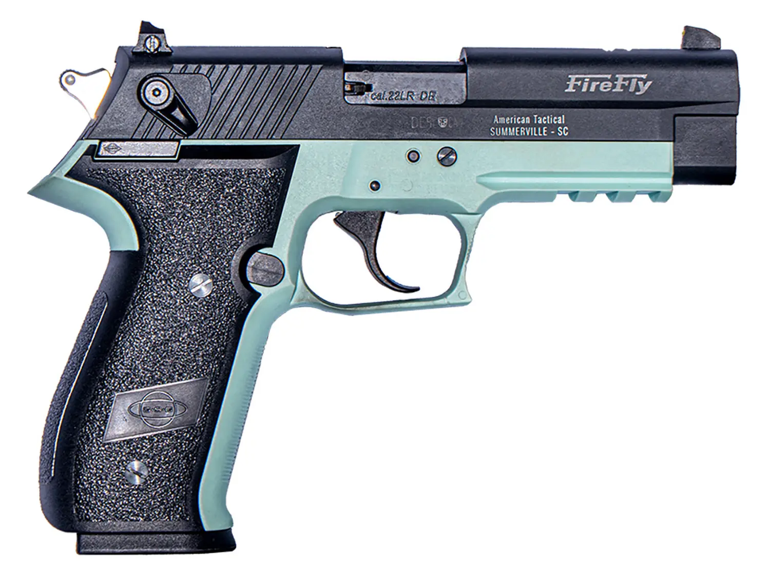 FireFly airsoft pistol with black and teal finish, compact design for training and recreational use.
