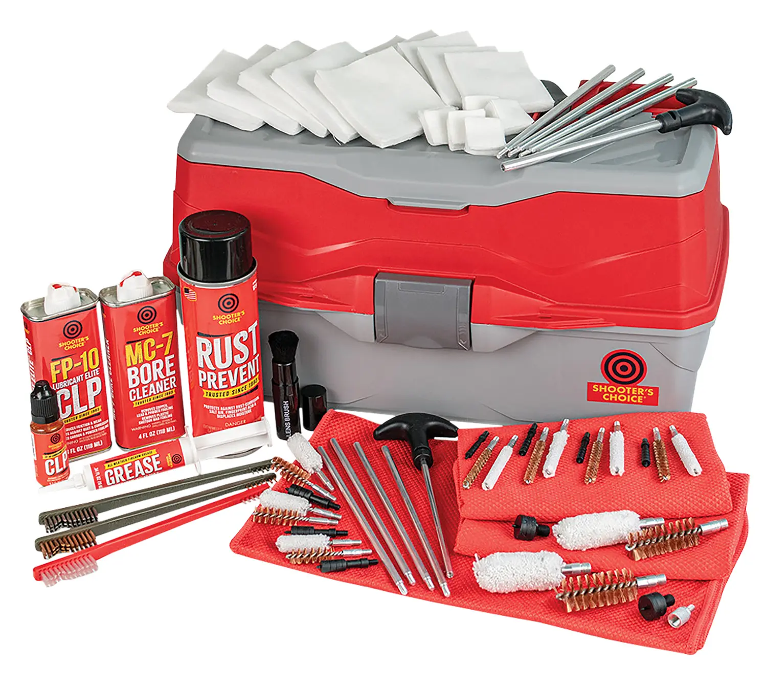 Gun cleaning kit with brushes, lubricants, and cleaning cloths for firearm maintenance.