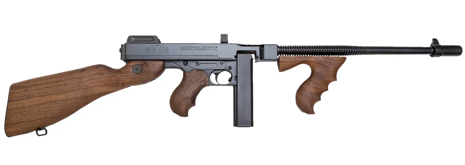 Custom wooden-stock rifle with ergonomic grip and long barrel.