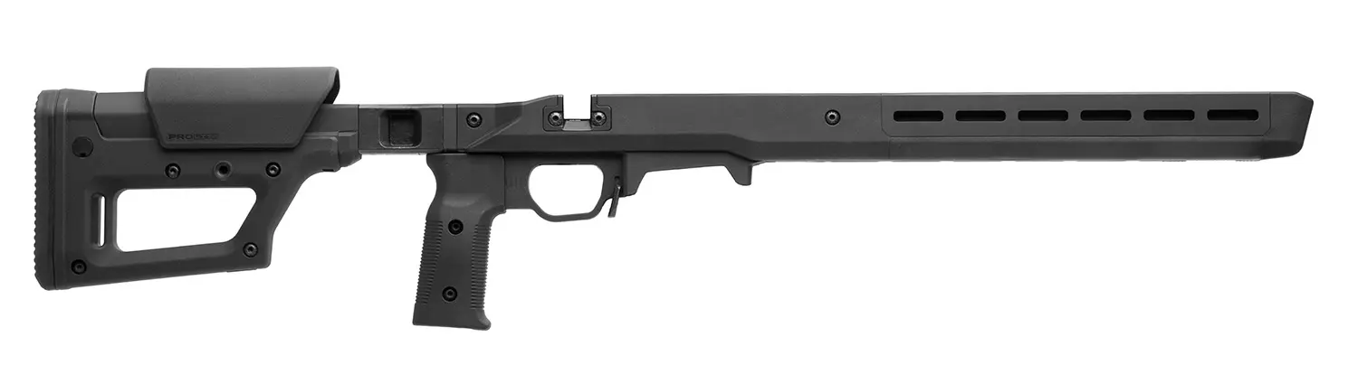 Modern sniper rifle with adjustable stock and long barrel for precision shooting.