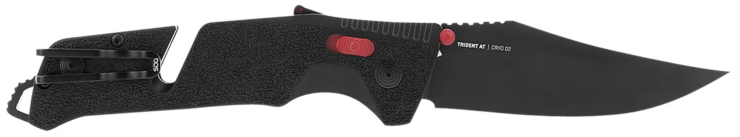 S.O.G SOG11120141 Trident AT 3.70" Folding Clip Point Plain Black TiNi Cryo D2 Steel Blade/Black w/Red Accents GRN Handle Features Line Cutter/Glass Breaker