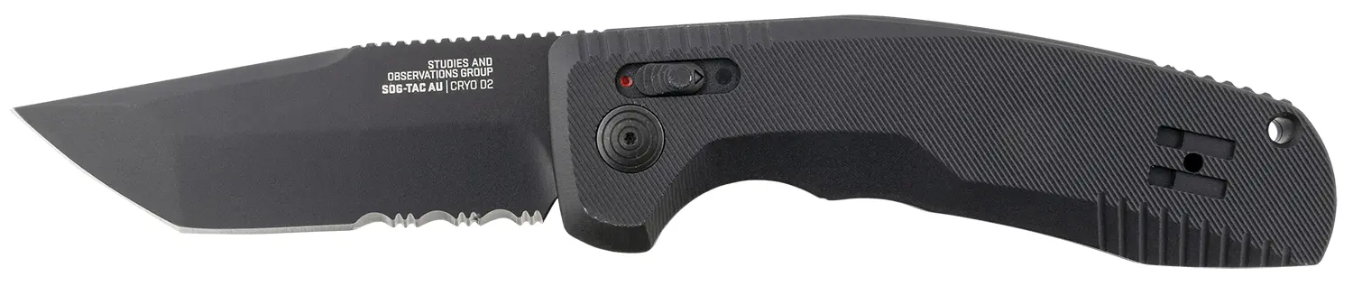 S.O.G SOG15380457 SOG-TAC Auto 3.43" Folding Tanto Part Serrated Black TiNi Cryo D2 Steel Blade Black Micro-Textured Anodized Aluminum Handle Includes Pocket Clip