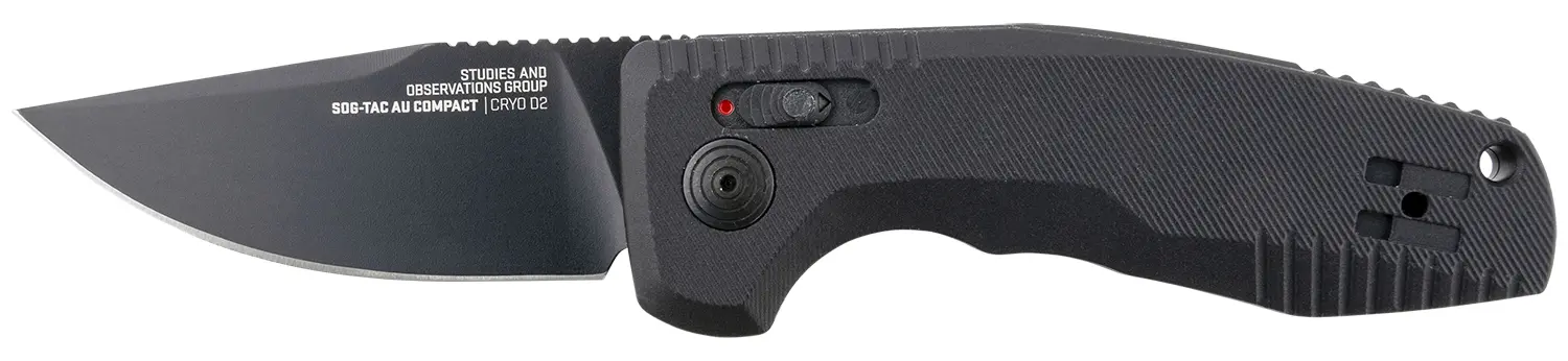 S.O.G SOG15380757 SOG-TAC Auto Compact 2.94" Folding Straight Back Plain Black TiNi Cryo D2 Steel Blade Black Micro-Textured Anodized Aluminum Handle Includes Pocket Clip