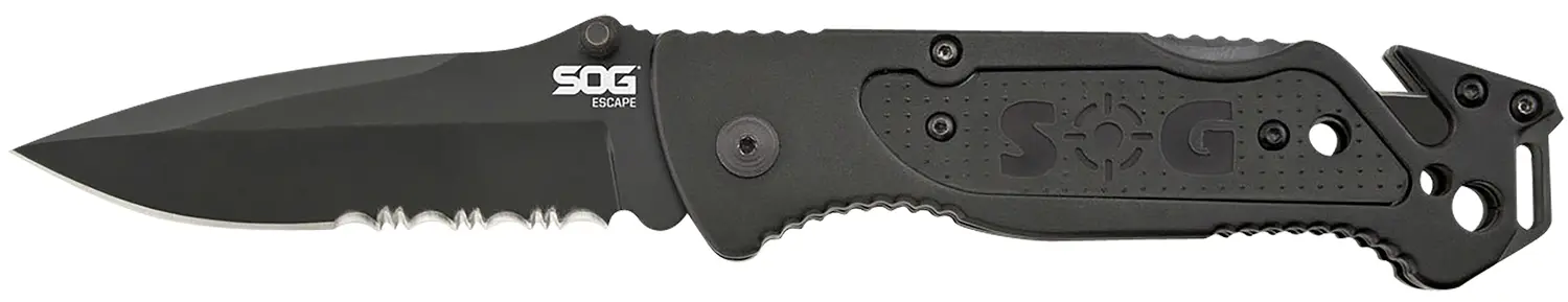 S.O.G SOGFF25CP Escape 3.40" Folding Clip Point Part Serrated Black Hardcased 9Cr18MoV SS Blade Black Anodized Aluminum Handle Includes Belt Clip