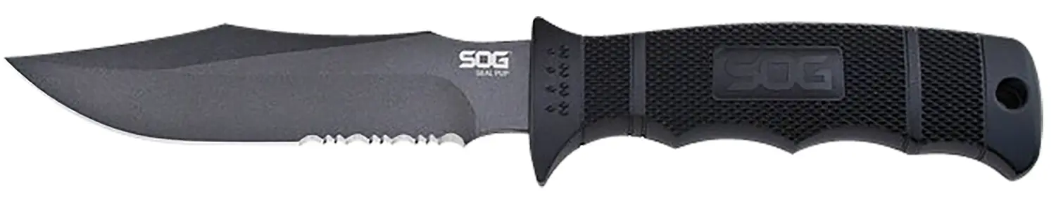 S.O.G SOGM37NCP Seal Pup 4.75" Fixed Clip Point Part Serrated Powder Coated AUS-8A SS Blade Black w/Raised Diamond Pattern GRN Handle Includes Lanyard/Sheath