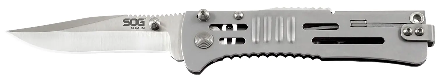 S.O.G SOG-SJ31-CP SlimJim 3.18" Folding Clip Point Plain Satin AUS-8A SS Blade Bead Blasted 420 Stainless Steel Handle Includes Belt Clip