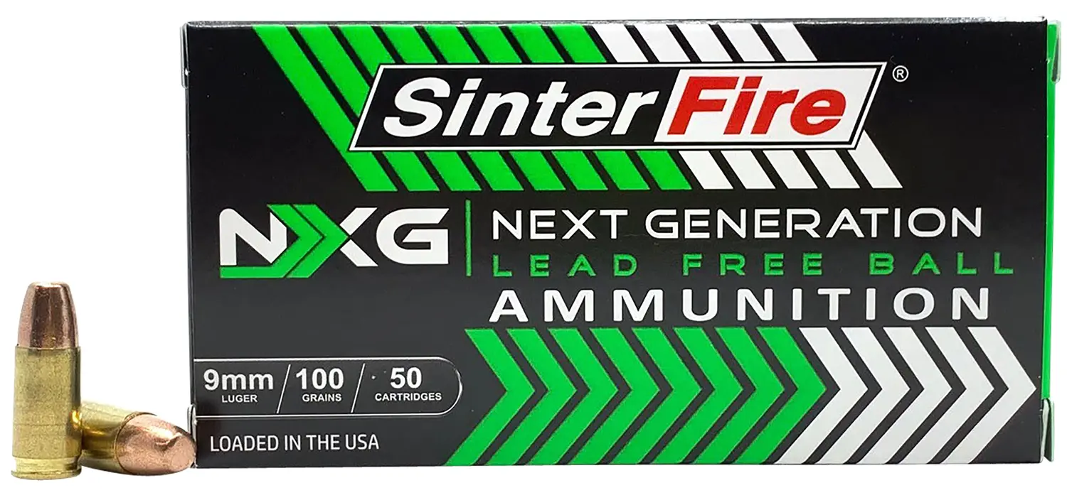 Box of SinterFire NXG next-generation lead-free 9mm ammunition with 100 rounds.